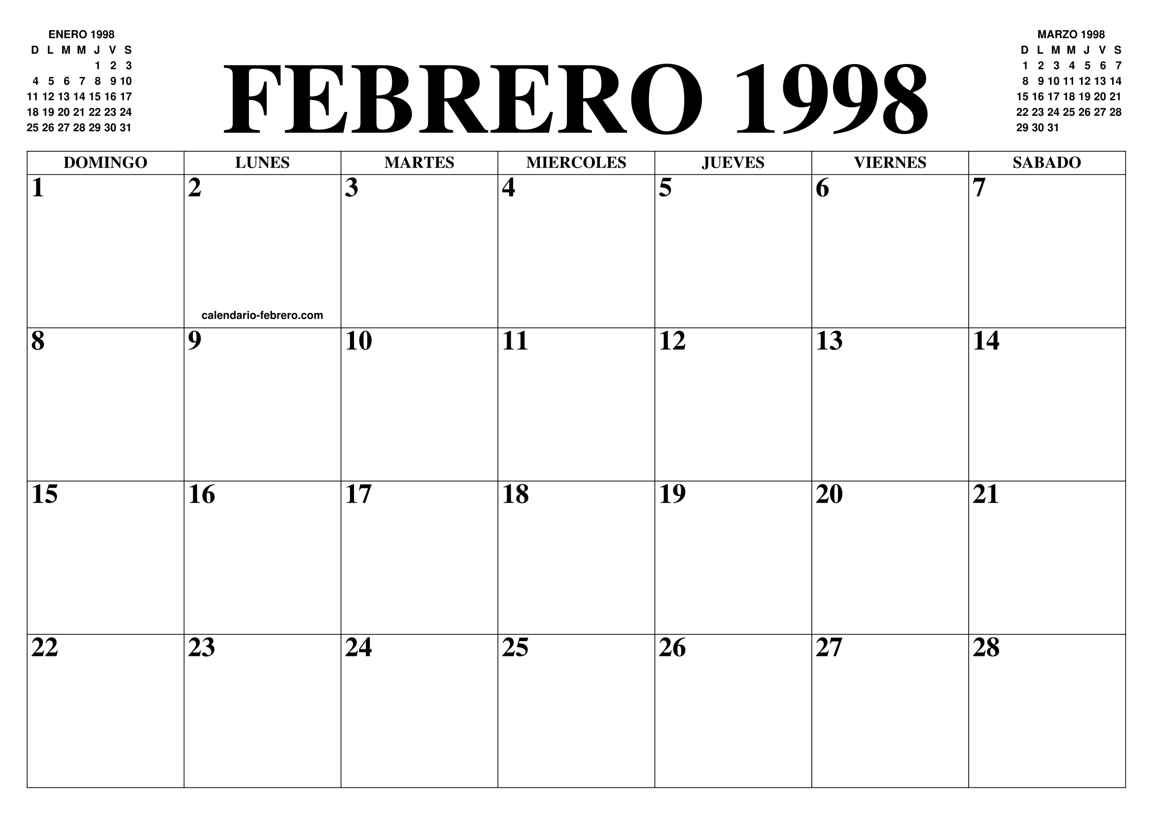 CALENDARIO FEBRERO 1998 EL CALENDARIO FEBRERO PARA IMPRIMIR GRATIS CALENDARIO FEBRERO 1998 EL CALENDARIO FEBRERO PARA IMPRIMIR GRATIS